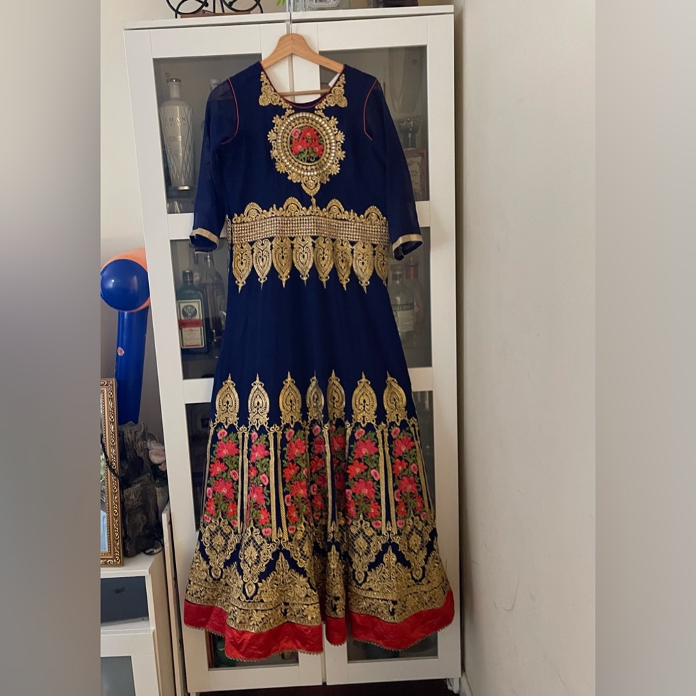 Navy Blue Net Embroidered Designer Lehenga Anarkali Suit